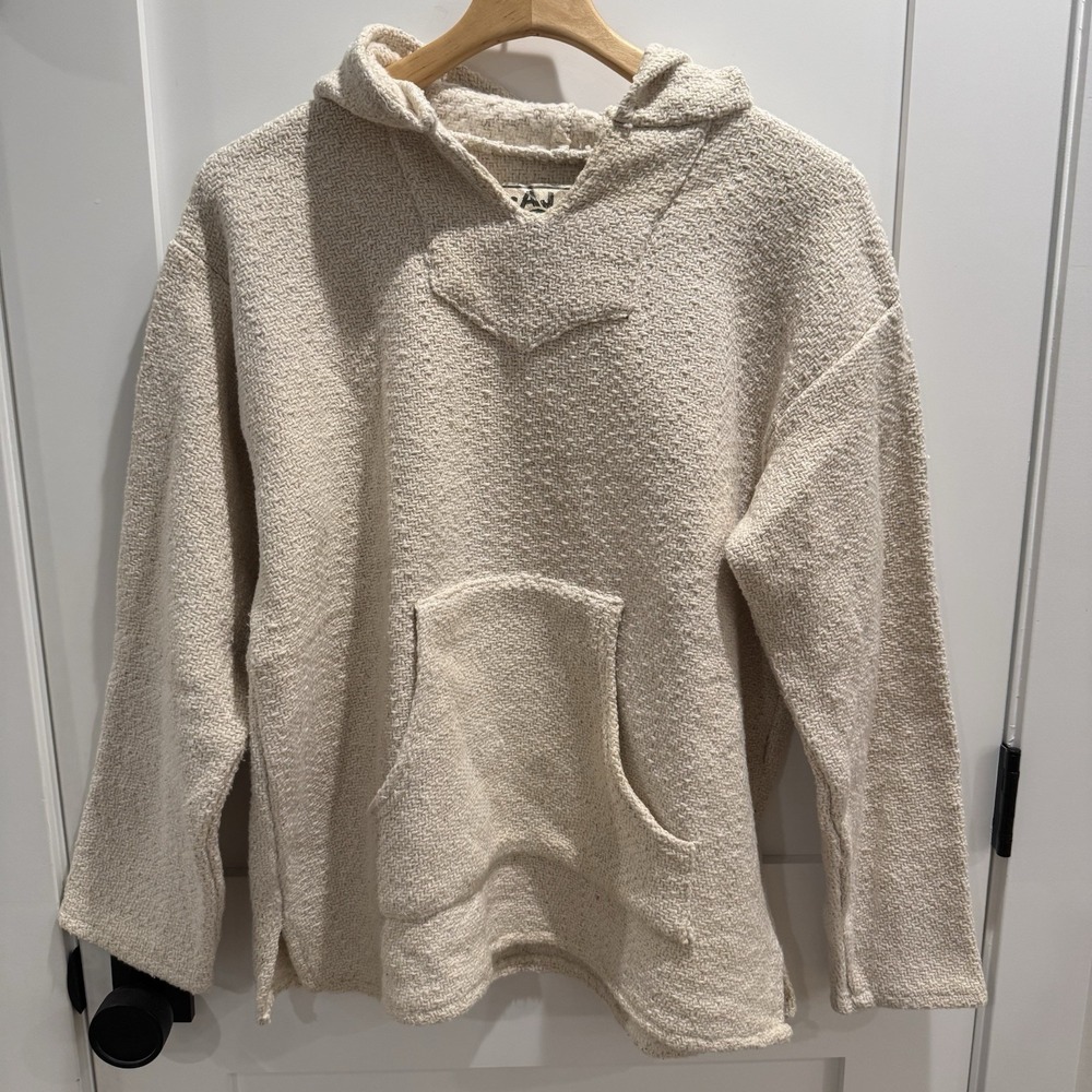 Baja Joe Baja Hoodie Pullover Natural Woven Boho Hippie Surf Sweater Beige/Cream